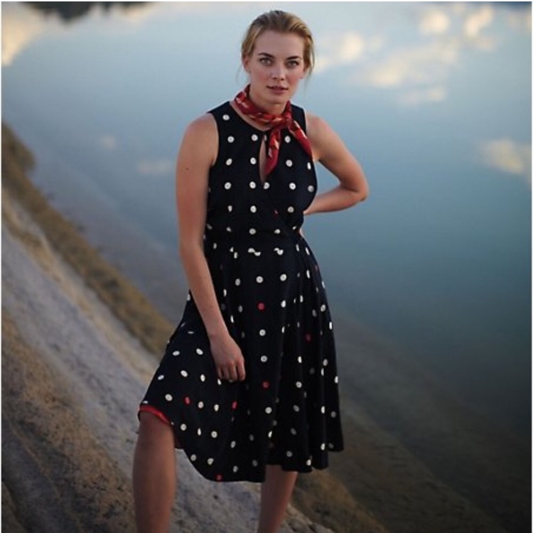 Anthropologie Black Polka Dot Midi Dress With Red Accents